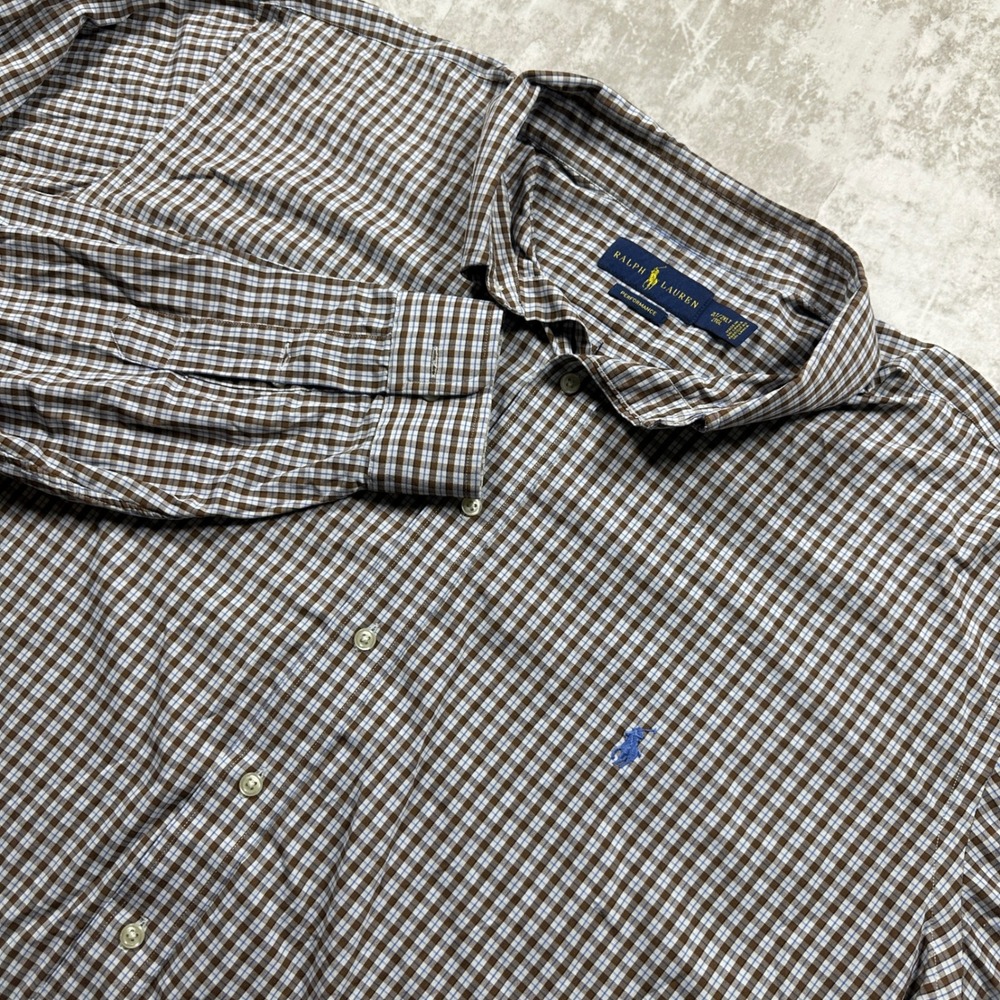 Ralph Lauren Button Down Shirt Mens 2XLT Brown Gingham Performance Tall